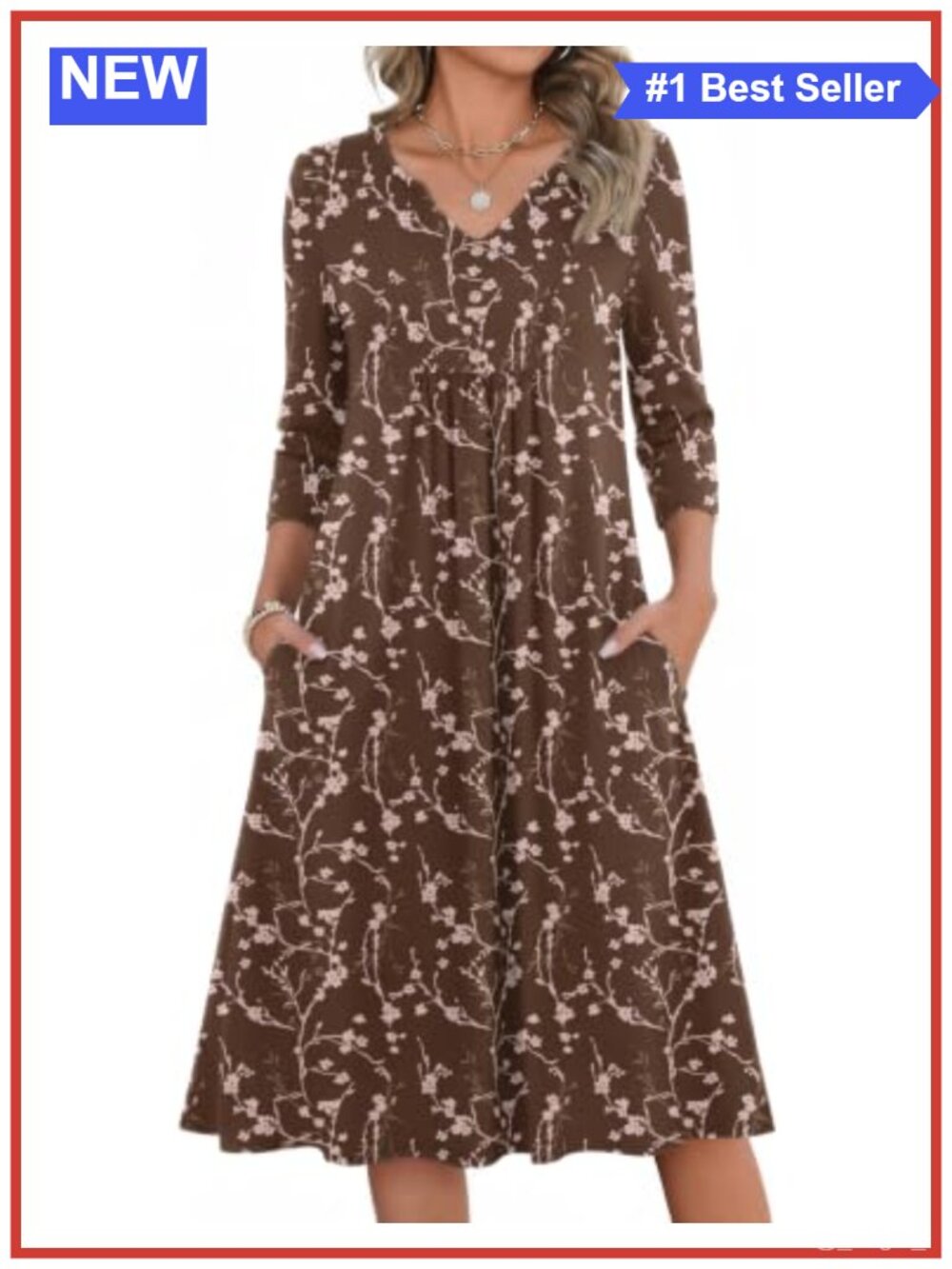 Womens 3/4 Sleeve Casual A Line Midi Dress with Pockets V Neck
